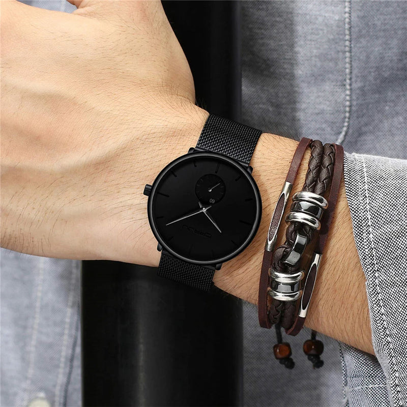 Relógio Ultra fino preto aço inoxidável