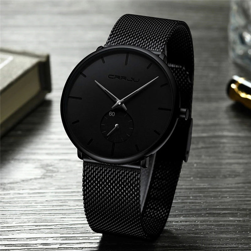 Relógio Ultra fino preto aço inoxidável